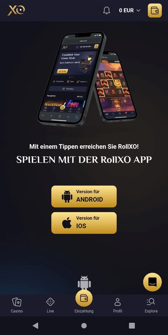 Mobile Website-Version von Rollxo casino mit optimiertem Design